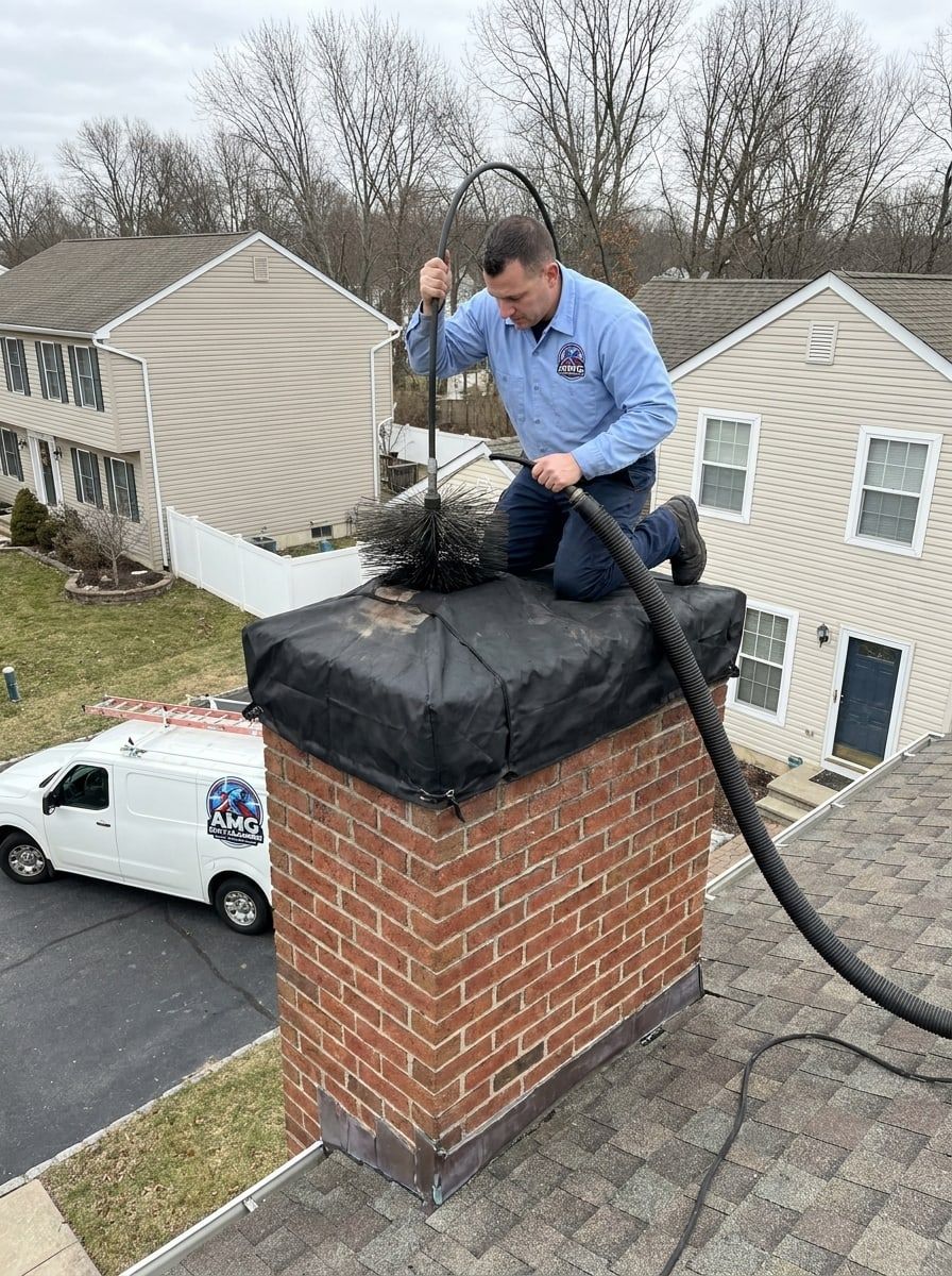 A chimney crown and cap being inspected from the roof