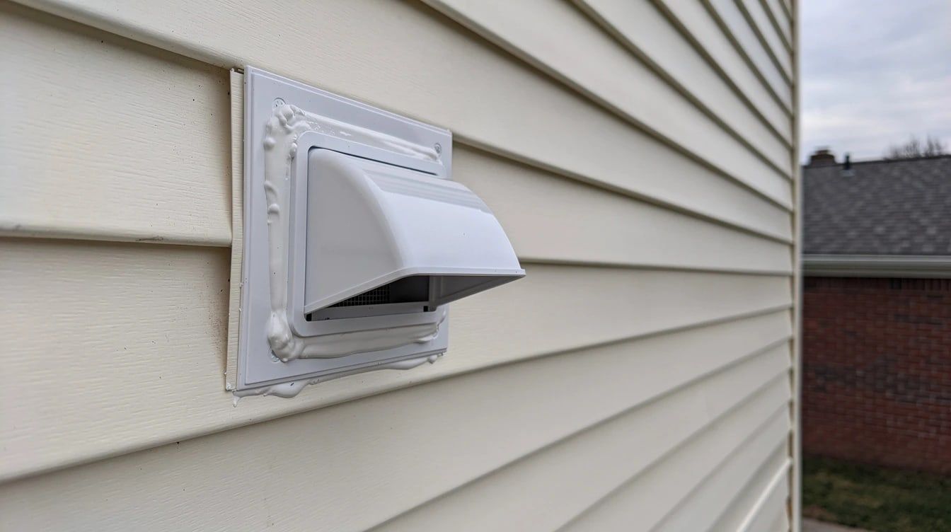 A newly installed exterior dryer vent hood on vinyl siding, damper open and sealed at the wall