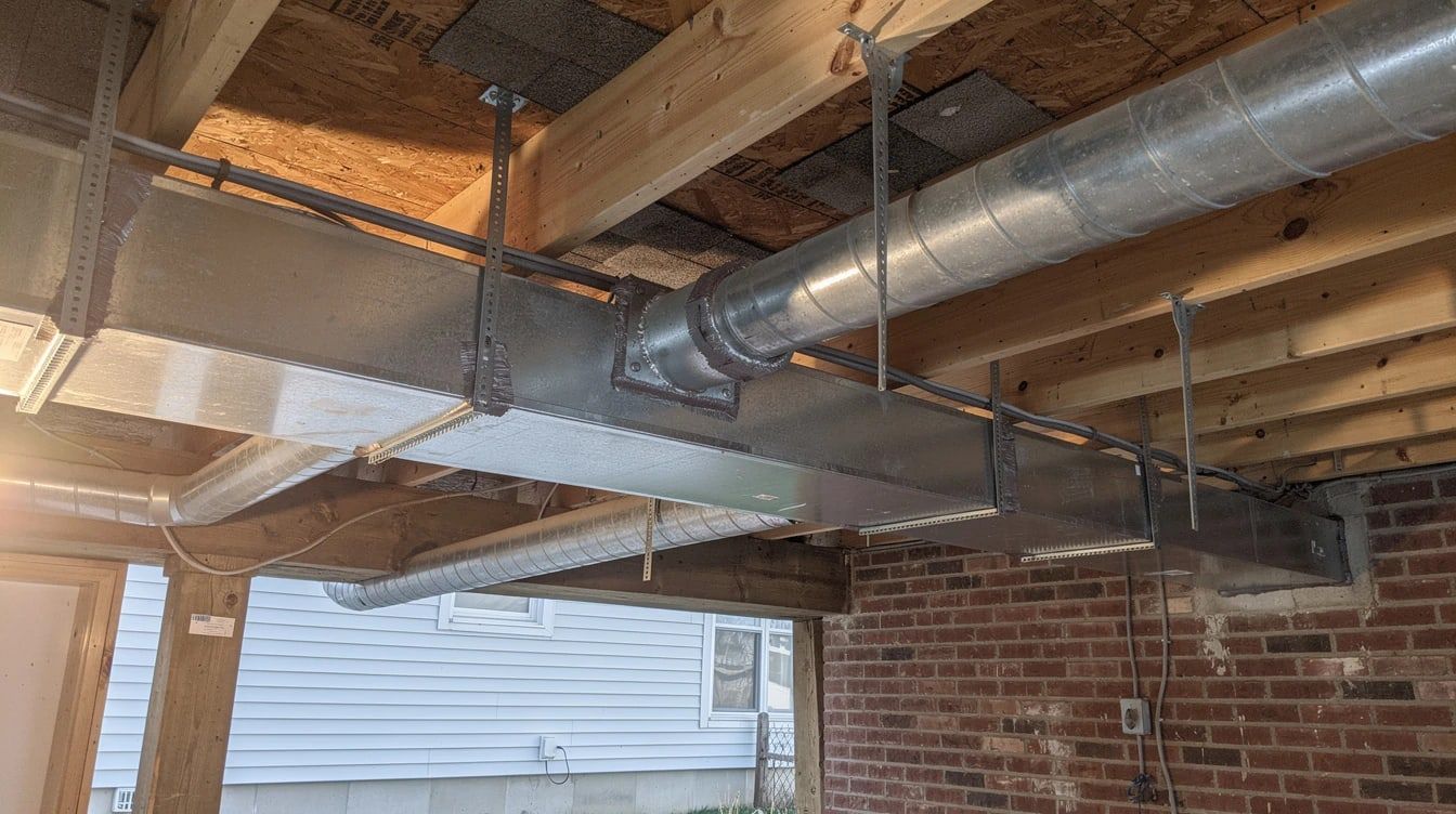 New rigid galvanised trunk and branch ductwork run between basement joists, every joint sealed with mastic