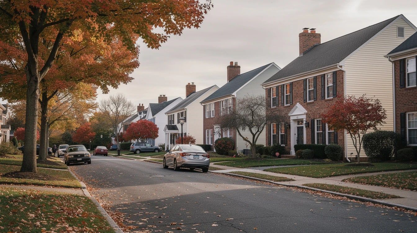 A residential street of New Jersey colonials with brick chimneys and maples turning colour