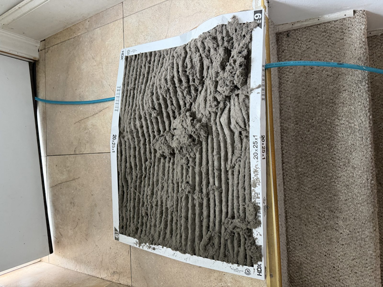 A dust caked return filter before AMG cleaning. AMG at work for homes in Ridgewood, New Jersey.