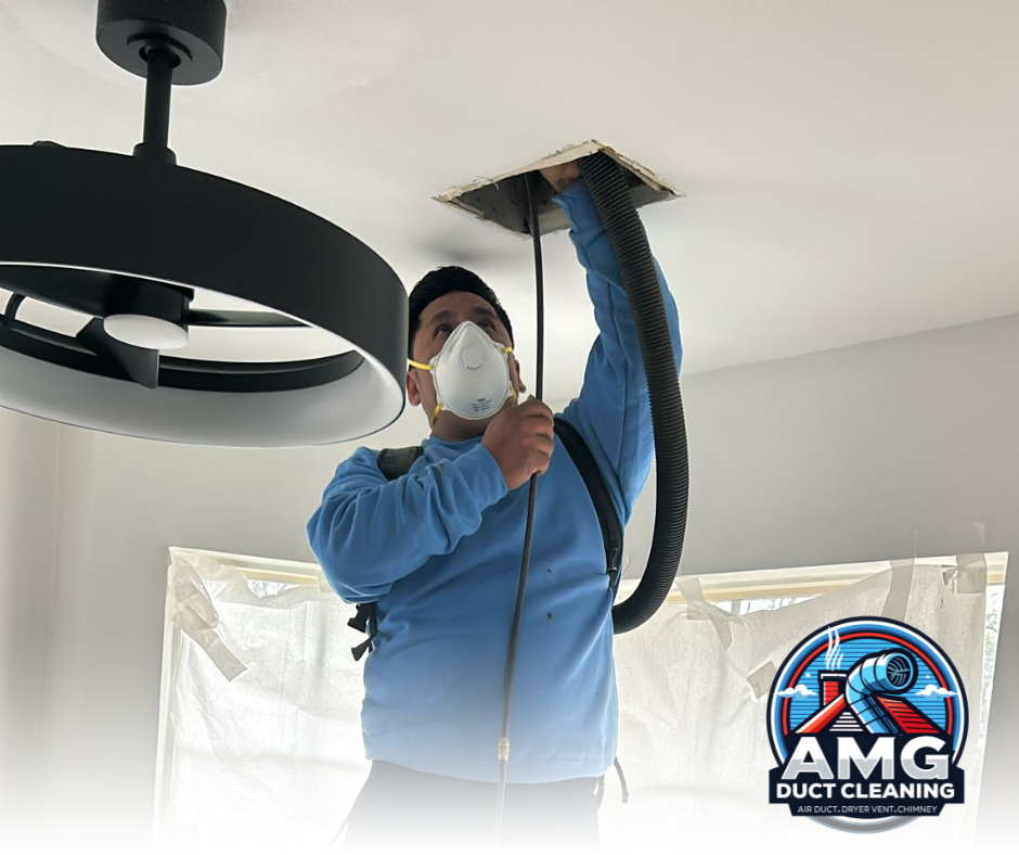 A technician cleaning an air duct to remove dust and allergens, improving indoor air quality and reducing respiratory issues.