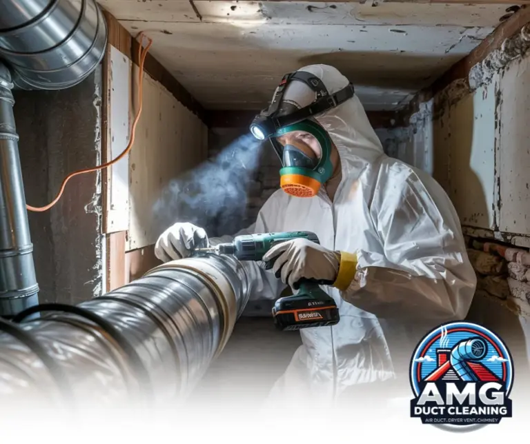 Technician Inspecting Damaged Air Duct – "Air duct repair specialist in protective gear inspecting and diagnosing issues inside a damaged duct to prevent indoor air quality problems."