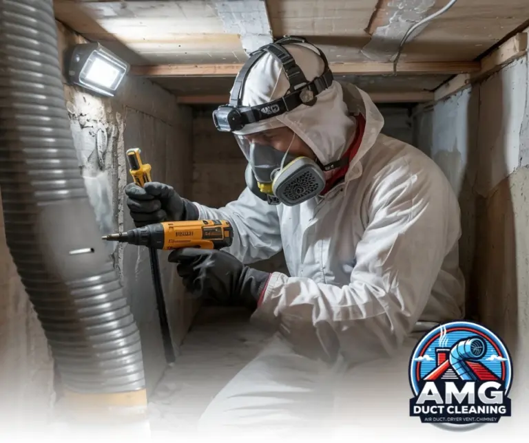 Sealing Leaky Air Duct with Professional Tools – "Air duct repair expert sealing leaks in a residential duct system to prevent energy waste and expensive HVAC repairs."