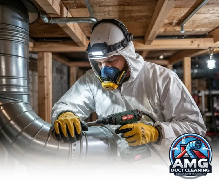 Close-Up of Technician Repairing Air Duct – "Professional carefully sealing a damaged air duct to avoid costly energy loss and improve HVAC system efficiency."