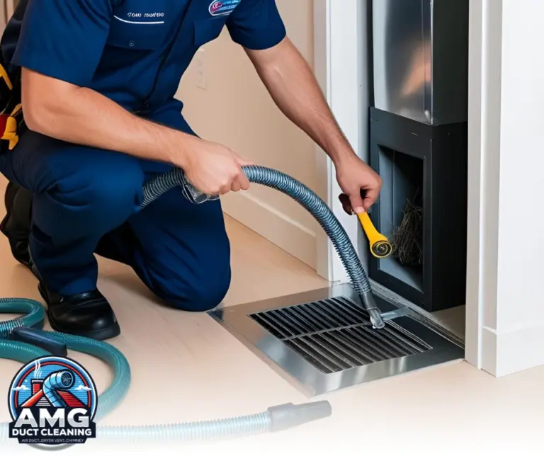 Professional using a vacuum hose to clean inside an air duct vent, demonstrating careful and qualified service delivery.