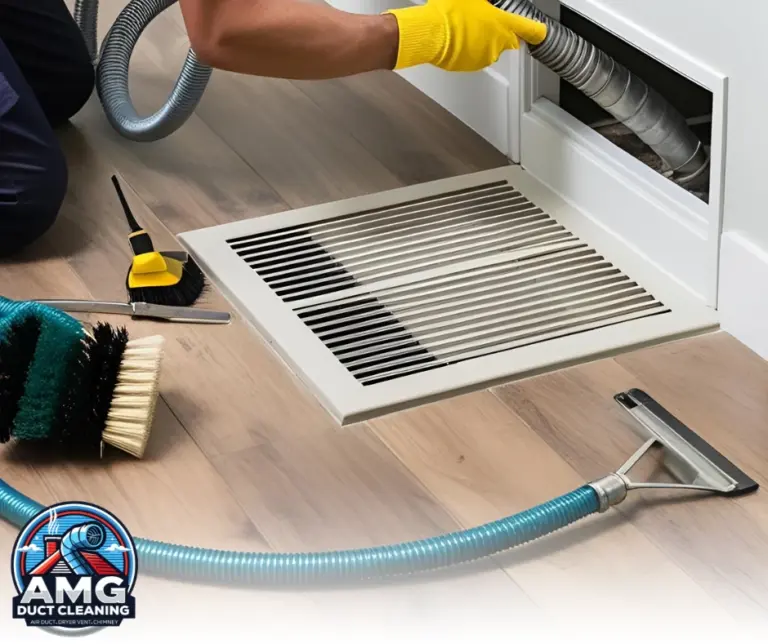 Close-up of air duct cleaning equipment and open vent grille, showing tools used during a standard duct cleaning process.