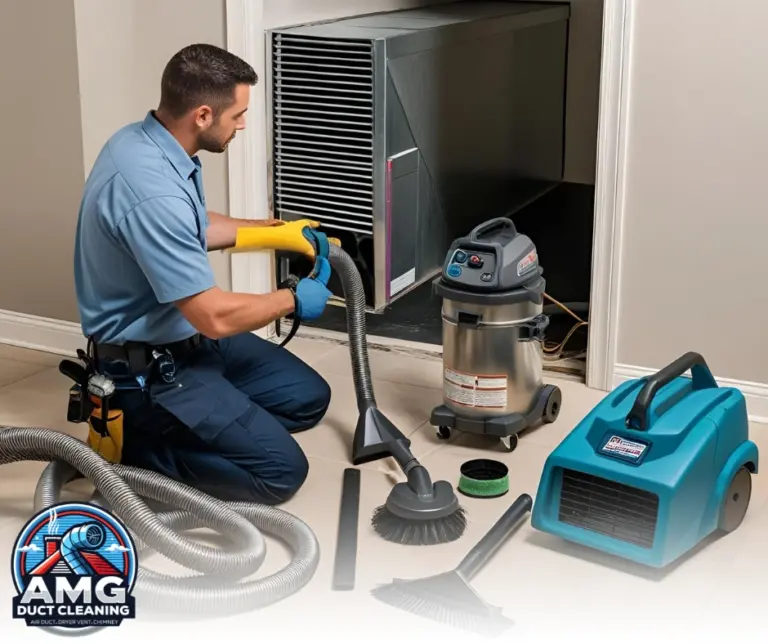 Technician kneeling beside industrial air duct cleaning machines, preparing for a full-service HVAC cleaning.