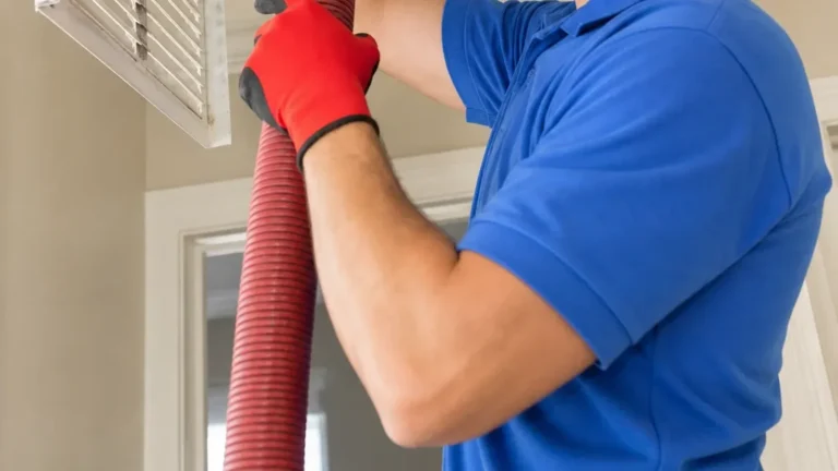 A technician in a gray work shirt uses a handheld air quality monitor near an open supply vent in a bright, clean suburb
