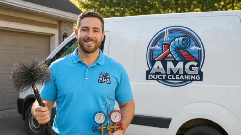 HVAC technician in blue uniform holds diagnostic tools in front of branded service van.