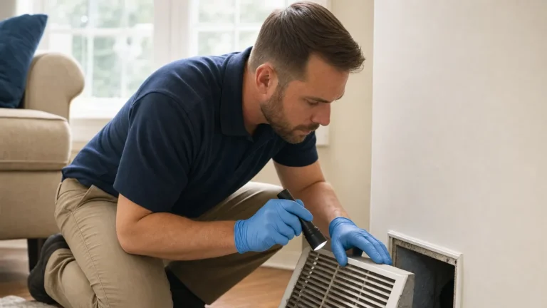 HVAC technician in blue gloves inspects air filter in residential living room.