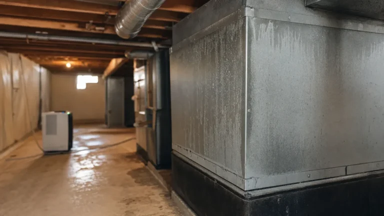 Unfinished basement with metal HVAC unit, concrete floor, and exposed wooden ceiling beams.