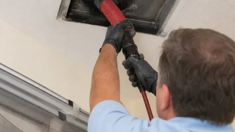 A technician in work clothes kneeling beside a clothes dryer in a finished basement of an older Westfield, NJ home, hold